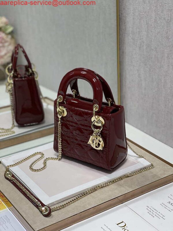 Replica Dior Mini Lady Dior Bag M0505 Maroon Patent Cannage Calfskin 5