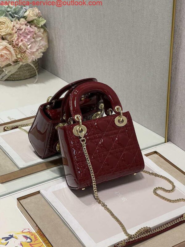 Replica Dior Mini Lady Dior Bag M0505 Maroon Patent Cannage Calfskin 8