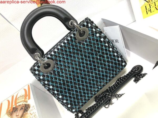 Replica Dior S0856 Micro Lady Dior Bag Horizon Black Metallic Cannage Lambskin with Blue embroidery sequins