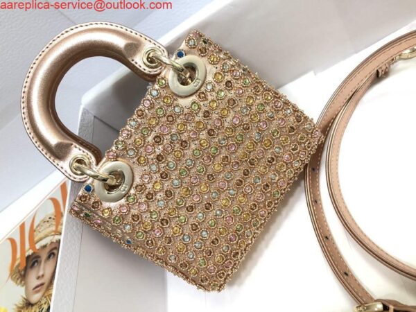 Replica Dior S0856 MICRO LADY DIOR BAG Horizon Gold Metallic Cannage Lambskin With Round Diamond