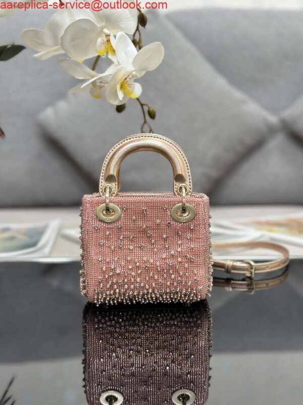 Replica Dior S0856 MICRO LADY DIOR BAG Horizon Metallic Cannage Lambskin embroidery beads Pink