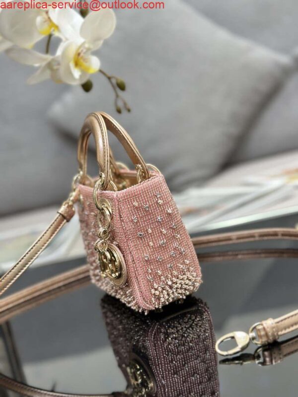 Replica Dior S0856 MICRO LADY DIOR BAG Horizon Metallic Cannage Lambskin embroidery beads Pink 2