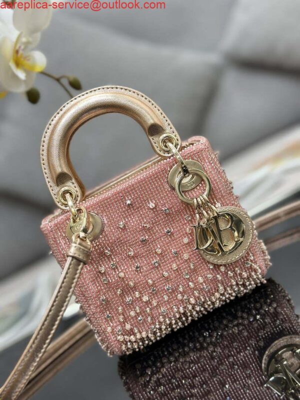 Replica Dior S0856 MICRO LADY DIOR BAG Horizon Metallic Cannage Lambskin embroidery beads Pink 4