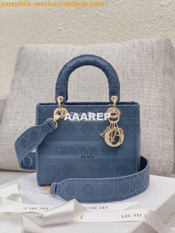 Replica Dior Medium Dark Denim Lady D-lite Embroidered Cannage Bag M05