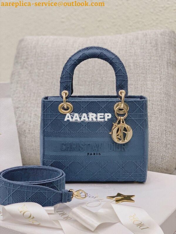 Replica Dior Medium Dark Denim Lady D-lite Embroidered Cannage Bag M05 2