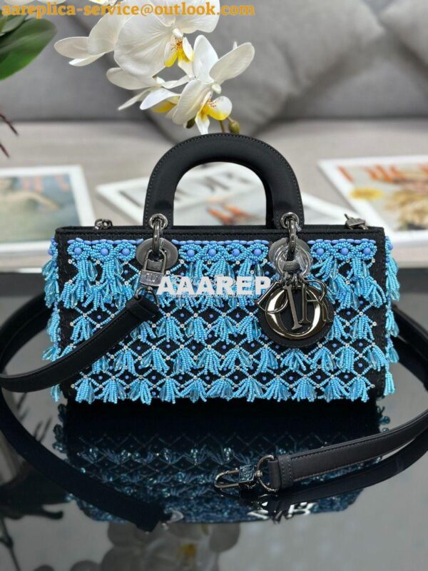 Replica Dior Medium Lady D-Joy Black Satin Embroidered with Turquoise