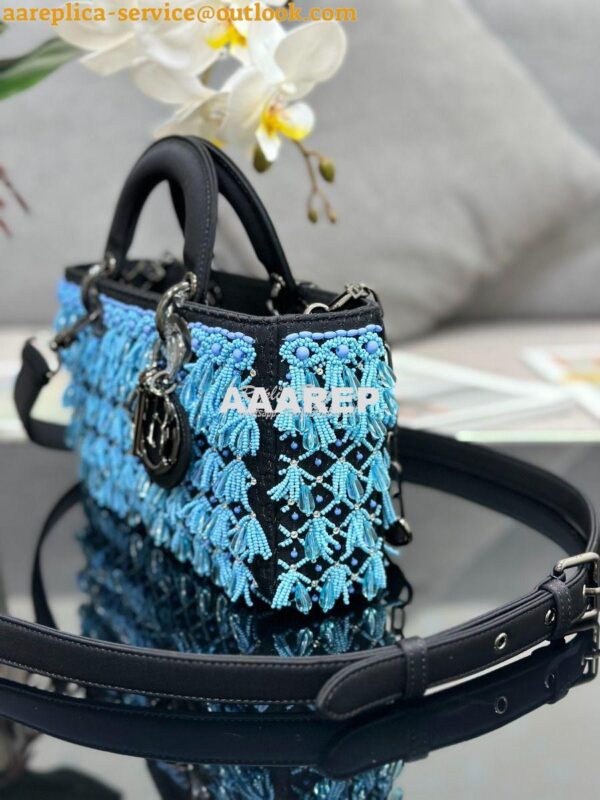 Replica Dior Medium Lady D-Joy Black Satin Embroidered with Turquoise 2