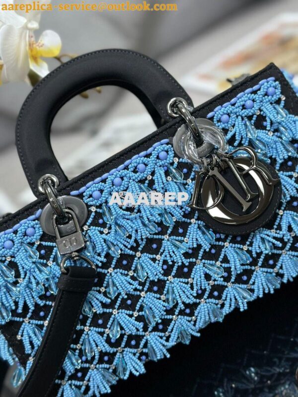 Replica Dior Medium Lady D-Joy Black Satin Embroidered with Turquoise 3