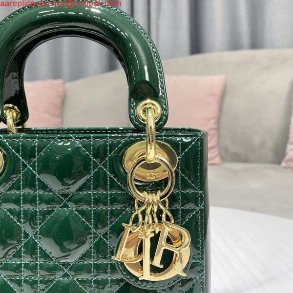 Replica Dior M0505 Mini Lady Dior Bag Dark Green Patent Cannage Calfskin 5