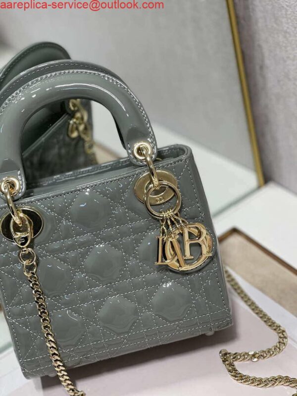 Replica Dior M0505 Mini Lady Dior Bag Gray Patent Cannage Calfskin