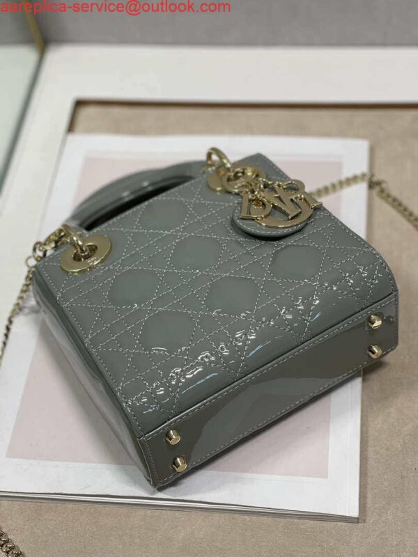 Replica Dior M0505 Mini Lady Dior Bag Gray Patent Cannage Calfskin 4