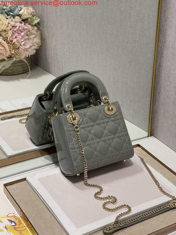 Replica Dior M0505 Mini Lady Dior Bag Gray Patent Cannage Calfskin 6