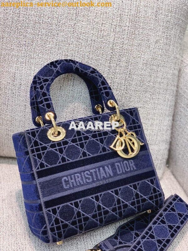 Replica Dior Medium Lady D-lite Bag Blue Cannage Embroidered Velvet M0 2