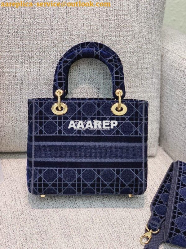 Replica Dior Medium Lady D-lite Bag Blue Cannage Embroidered Velvet M0 4