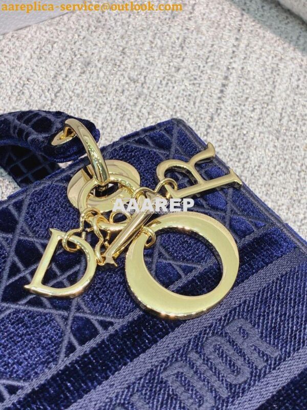 Replica Dior Medium Lady D-lite Bag Blue Cannage Embroidered Velvet M0 10