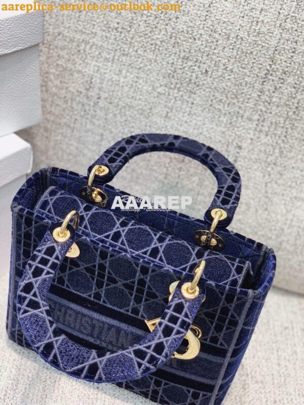 Replica Dior Medium Lady D-lite Bag Blue Cannage Embroidered Velvet M0 12