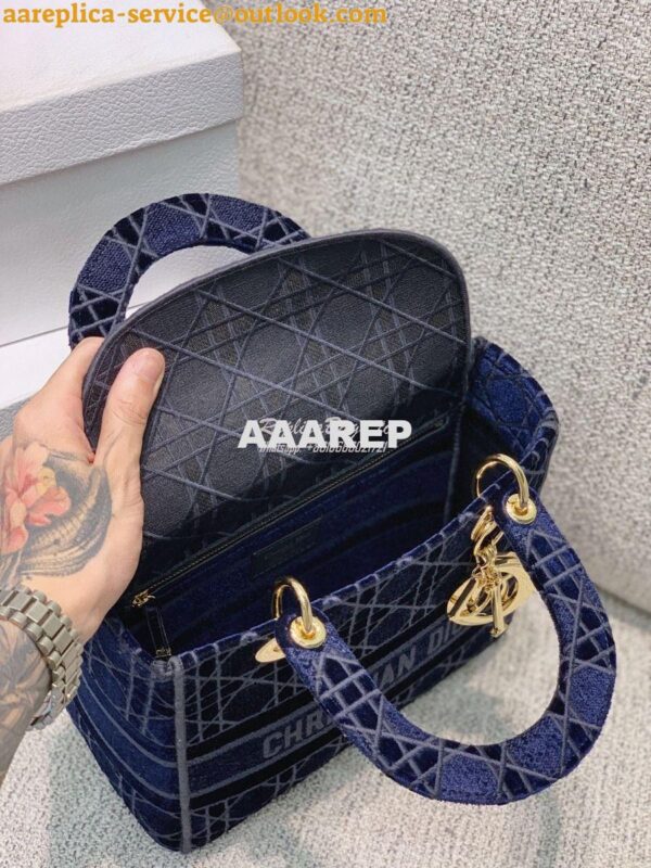 Replica Dior Medium Lady D-lite Bag Blue Cannage Embroidered Velvet M0 14