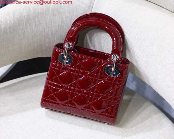 Replica Dior M0505 Mini Lady Dior Bag Wine Red Patent Cannage Calfskin Silver 6