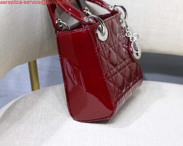 Replica Dior M0505 Mini Lady Dior Bag Wine Red Patent Cannage Calfskin Silver 7