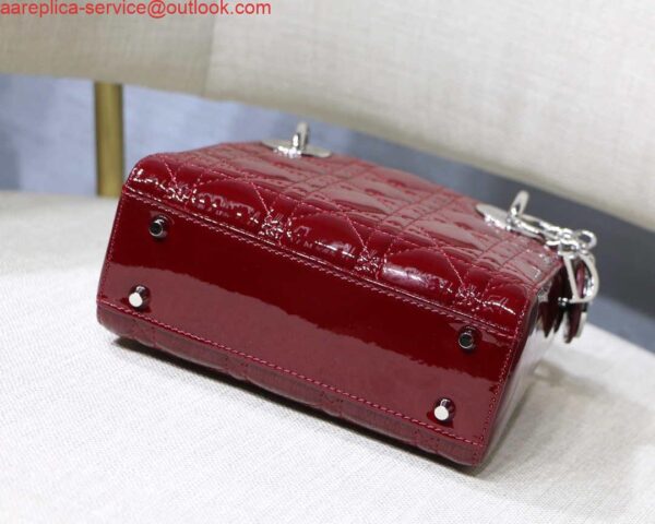 Replica Dior M0505 Mini Lady Dior Bag Wine Red Patent Cannage Calfskin Silver 8