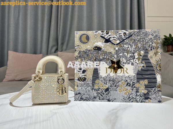 Replica Dior Micro Lady Dior Bag Beige Canvas Embroidered with Metalli 2