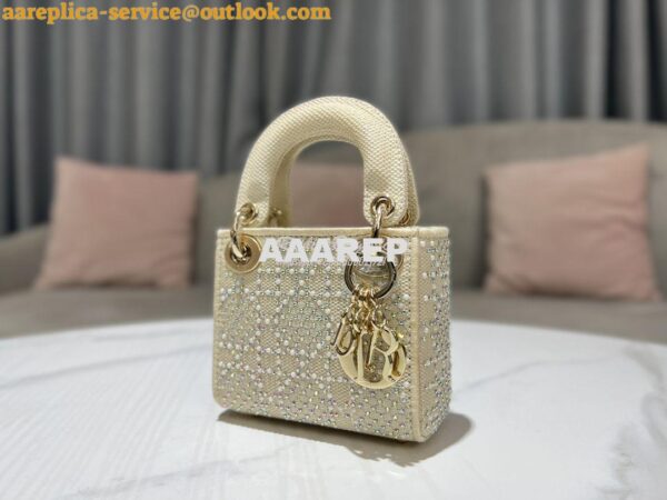 Replica Dior Micro Lady Dior Bag Beige Canvas Embroidered with Metalli 3