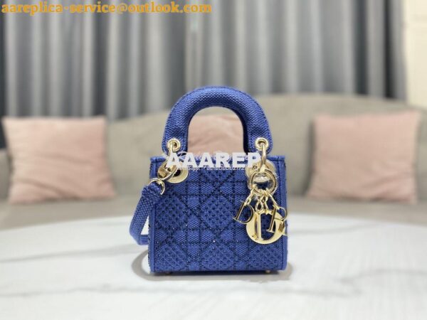 Replica Dior Micro Lady Dior Bag Blue Metallic Canvas Embroidered with