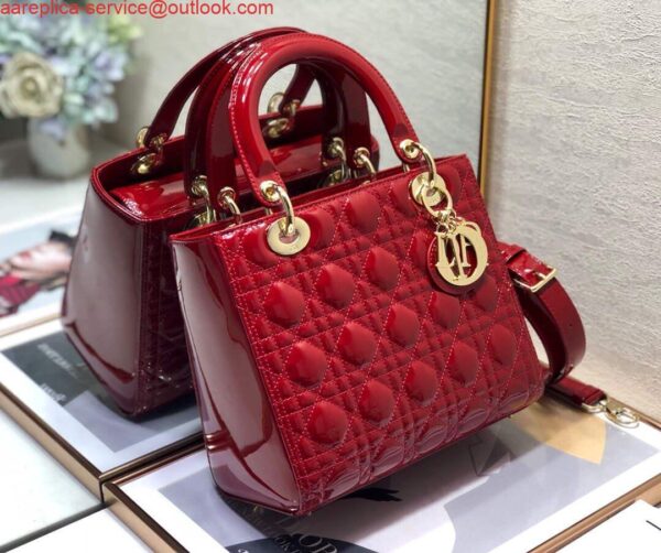 Replica Dior M0565 Medium Lady Dior Patent Cannage Calfskin Bag Red 3