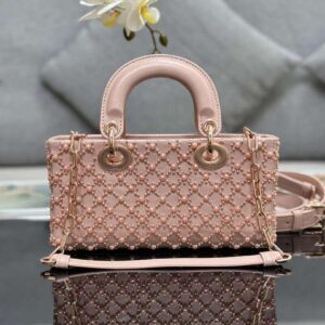 Replica Dior M0613 Small Lady D-joy Bag Blue Cannage Lambskin Embroidered half pearl rose gold