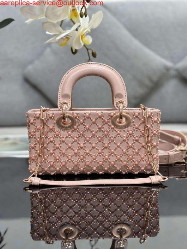 Replica Dior M0613 Small Lady D-joy Bag Blue Cannage Lambskin Embroidered half pearl rose gold 3