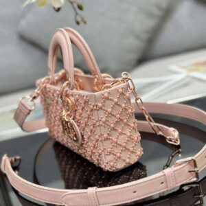 Replica Dior M0613 Small Lady D-joy Bag Blue Cannage Lambskin Embroidered half pearl rose gold 2