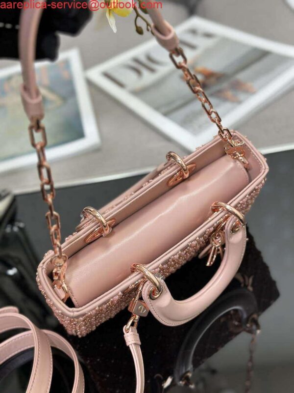 Replica Dior M0613 Small Lady D-joy Bag Blue Cannage Lambskin Embroidered half pearl rose gold 8