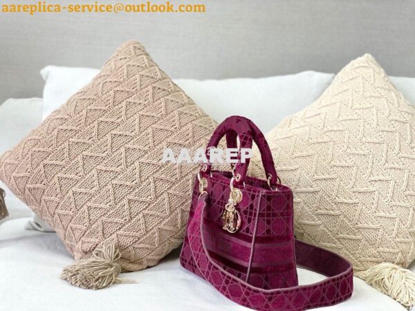 Replica Dior Medium Lady D-lite Bag Wine Cannage Embroidered Velvet M0 2