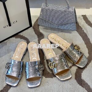 Replica Gucci Women's Slide With Double G 626742 Silver Metallic Lamin