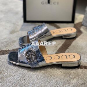 Replica Gucci Women's Slide With Double G 626742 Silver Metallic Lamin 2