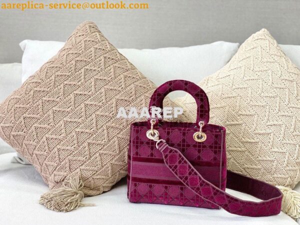 Replica Dior Medium Lady D-lite Bag Wine Cannage Embroidered Velvet M0 9