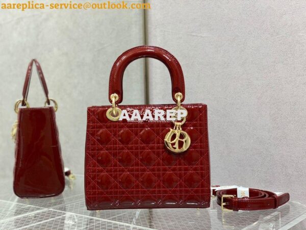 Replica Dior Medium Lady Dior Flap Cover Patent Calfskin Bag M0565 Red 2