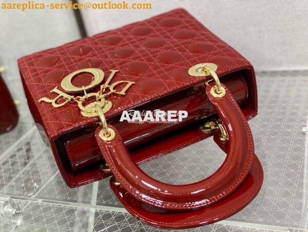 Replica Dior Medium Lady Dior Flap Cover Patent Calfskin Bag M0565 Red 7