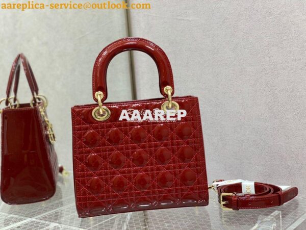 Replica Dior Medium Lady Dior Flap Cover Patent Calfskin Bag M0565 Red 10