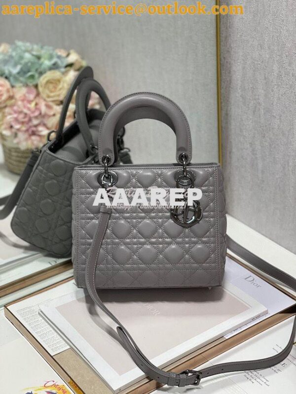 Replica Dior Medium Lady Dior Steel Grey Lambskin Cannage with Rutheni