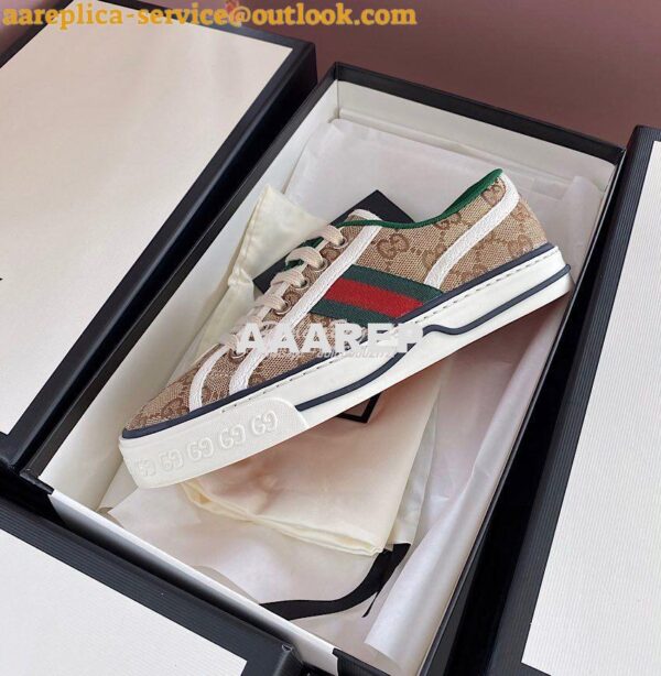 Replica Men Women's Gucci Tennis 1977 Sneaker 606110 Beige Ebony Canva 9