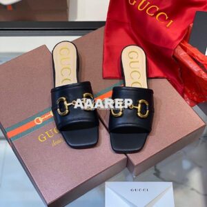 Replica Gucci Women's Leather Slide Sandal w Horsebit 623111 Black 2