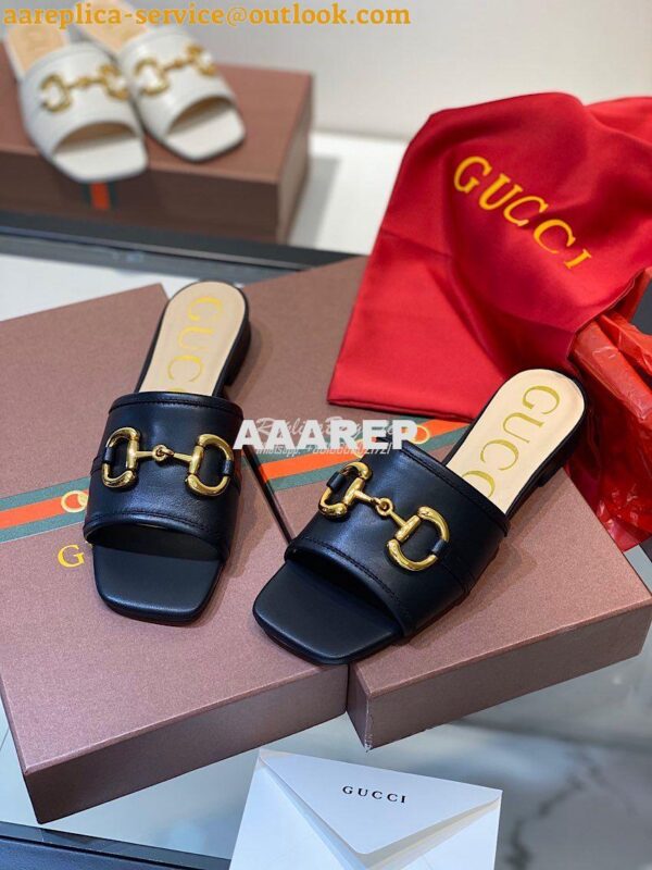 Replica Gucci Women's Leather Slide Sandal w Horsebit 623111 Black 5