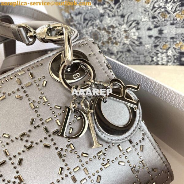 Replica Dior Mini Lady Dior Bag In Silver "Cannage" Satin With Rhinest 4