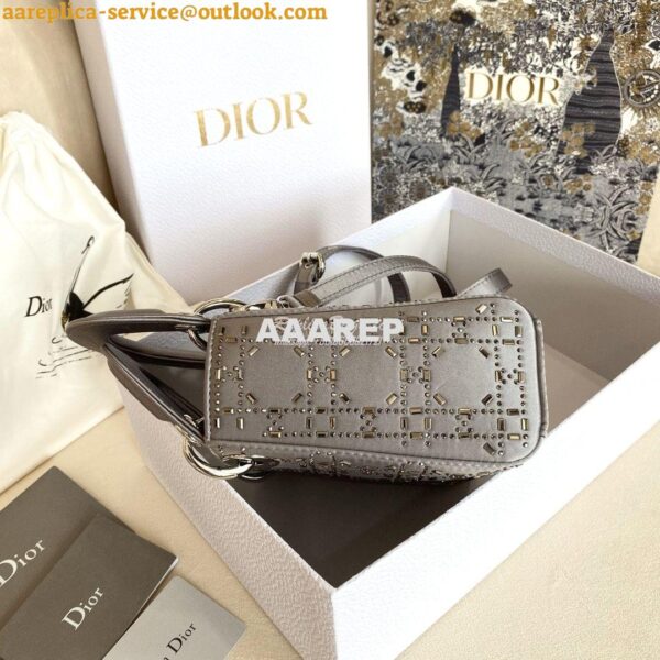 Replica Dior Mini Lady Dior Bag In Silver "Cannage" Satin With Rhinest 6