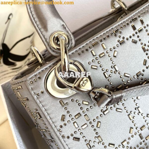 Replica Dior Mini Lady Dior Bag In Silver "Cannage" Satin With Rhinest 10