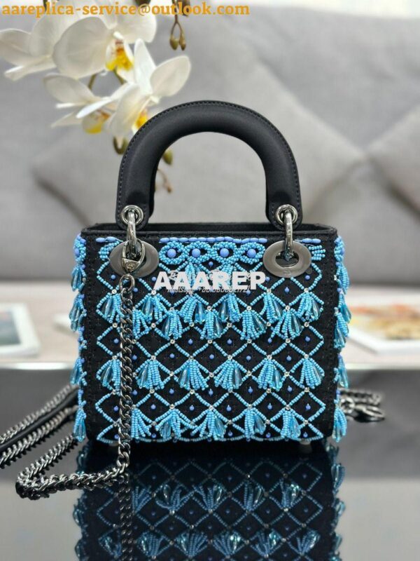 Replica Dior Mini Lady Dior Black Satin Embroidered with Turquoise Bea 11