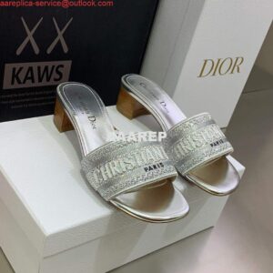 Replica Dior Women's Shoes Dway Heeled Slide Metallic Thread Strass KCQ244LCS Silver