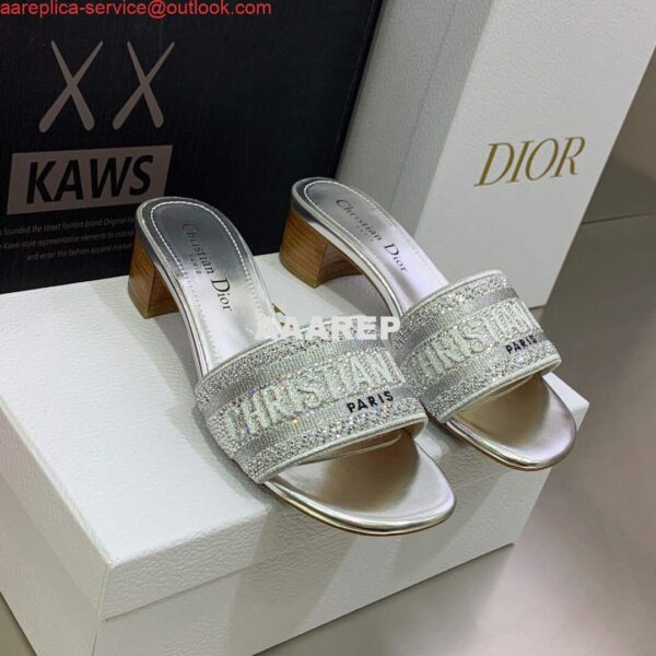 Replica Dior Women's Shoes Dway Heeled Slide Metallic Thread Strass KCQ244LCS Silver 3