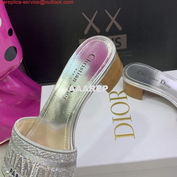 Replica Dior Women's Shoes Dway Heeled Slide Metallic Thread Strass KCQ244LCS Silver 8